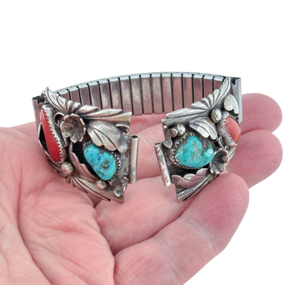 Vintage Southwest Sterling Silver 925 Turquoise Coral Watch Tips 6"
